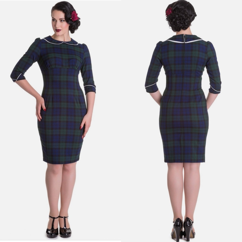 Hell Bunny Doralee Tartan Plaid Blue Green Peter Pan Collar Pencil Dress
